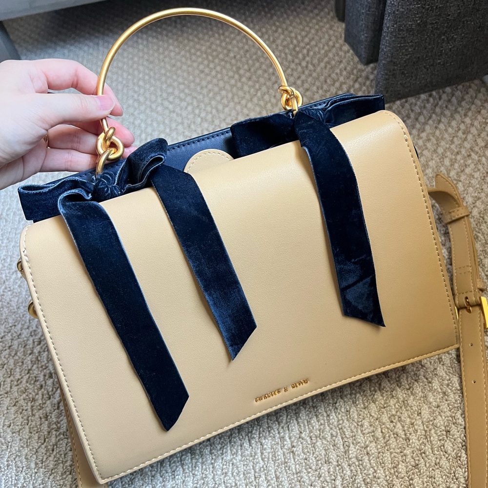 Charles & Keith Tan Crossbody Bag with Structured Design and Navy Velvet Ribands